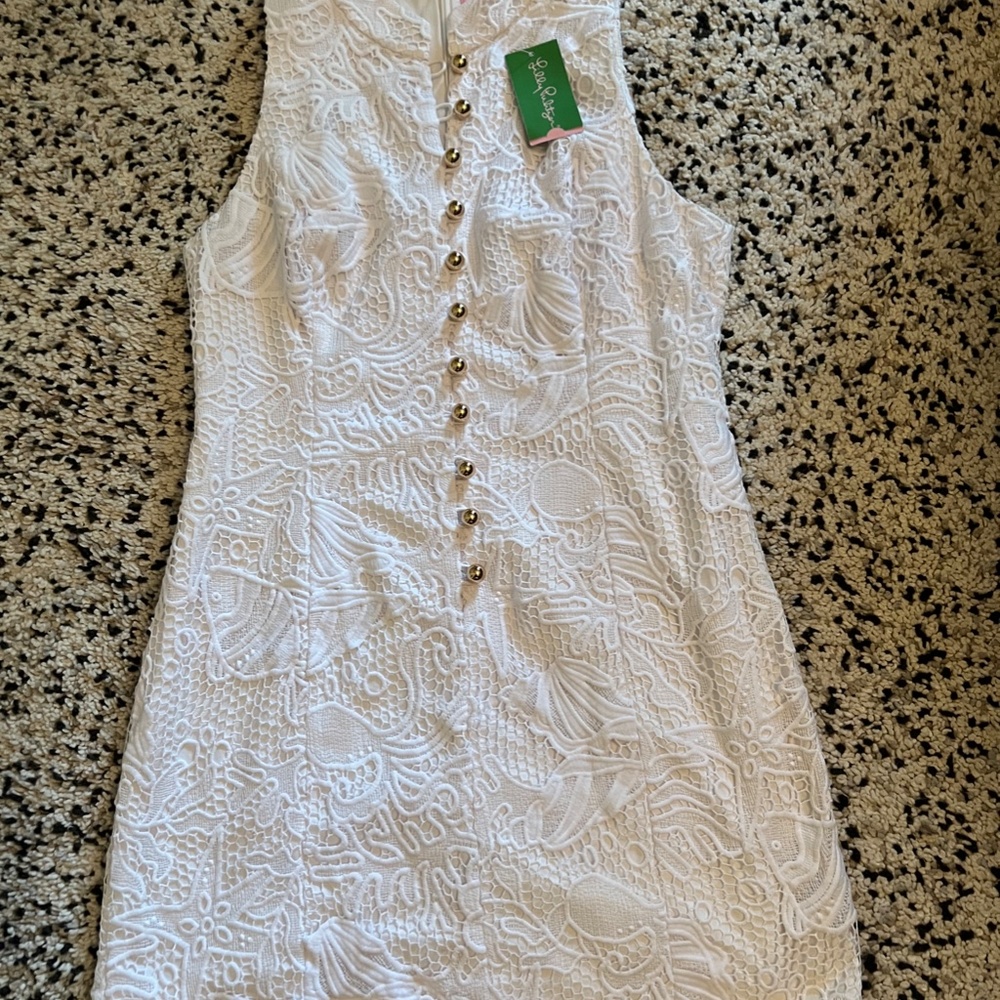 Lilly Pulitzer Lace White Dress w/ Gold Buttons- "Alexa" Shift Dress